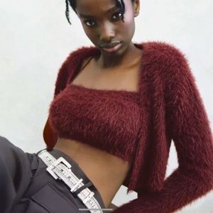Zara 2 Piece Fuzzy Eyelash Cropped Tank Top and Cropped Cardigan Sweater